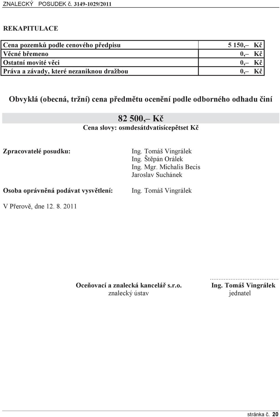 Zpracovatelé posudku: Osoba oprávněná podávat vysvětlení: Ing. Tomáš Vingrálek Ing. Štěpán Orálek Ing. Mgr.