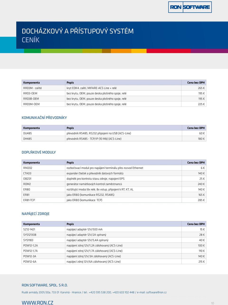 MODULY RM202 rozbočovací modul pro napájení terminálu přes rozvod Ethernet 6 CTA03 expander čteček a převodník datových formátů 140 OBZ01 doplněk pro kontrolu stavu zdroje, napojení EPS 25 RDM2