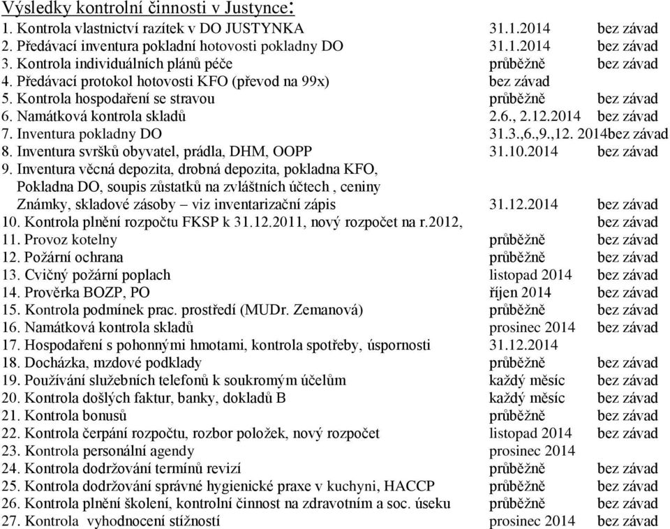 Namátková kontrola skladů 2.6., 2.12.2014 bez závad 7. Inventura pokladny DO 31.3.,6.,9.,12. 2014bez závad 8. Inventura svršků obyvatel, prádla, DHM, OOPP 31.10.2014 bez závad 9.