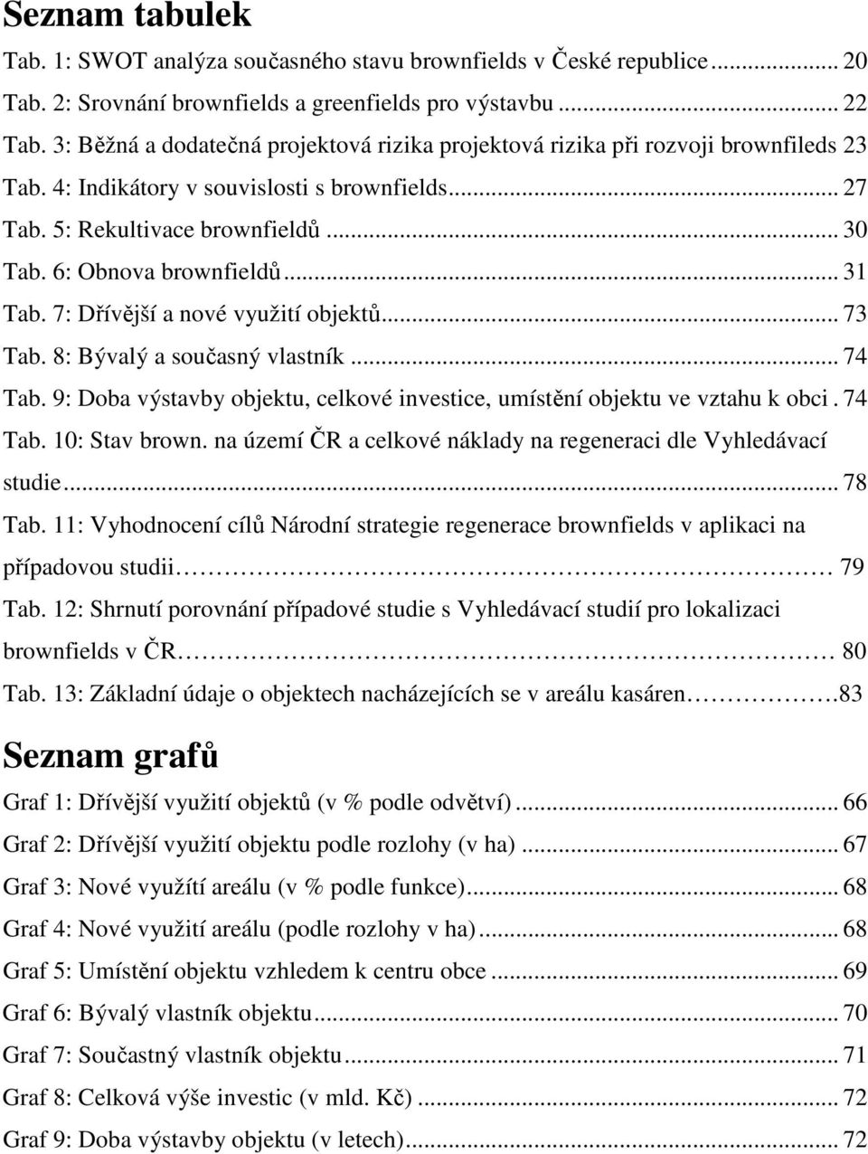 6: Obnova brownfieldů... 31 Tab. 7: Dřívější a nové využití objektů... 73 Tab. 8: Bývalý a současný vlastník... 74 Tab. 9: Doba výstavby objektu, celkové investice, umístění objektu ve vztahu k obci.