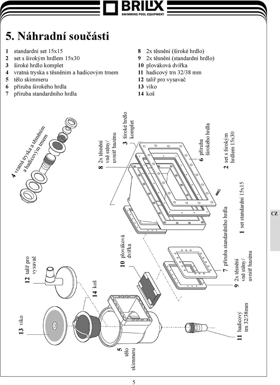 víko 14 koš vratná tryska a těsněním a hadicovým trnem 5 tělo skimmeru 12 talíř pro vysavač 13 víko 11 hadicový trn 32/38mm 8 2x těsnění vně stěny/ uvnitř bazénu 14 koš 10