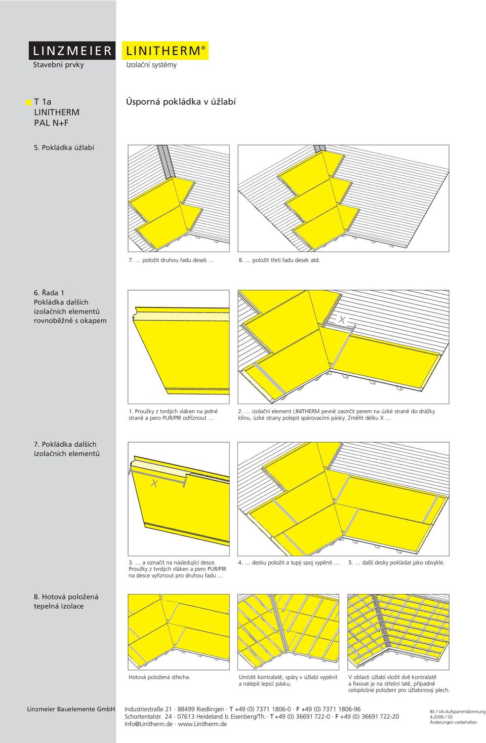 izolační element LINITHERM pevně zastrčit perem na úzké straně do drážky klínu, úzké strany polepit spárovacími pásky. Změřit délku X 7. Pokládka dalších izolačních elementů X 3.