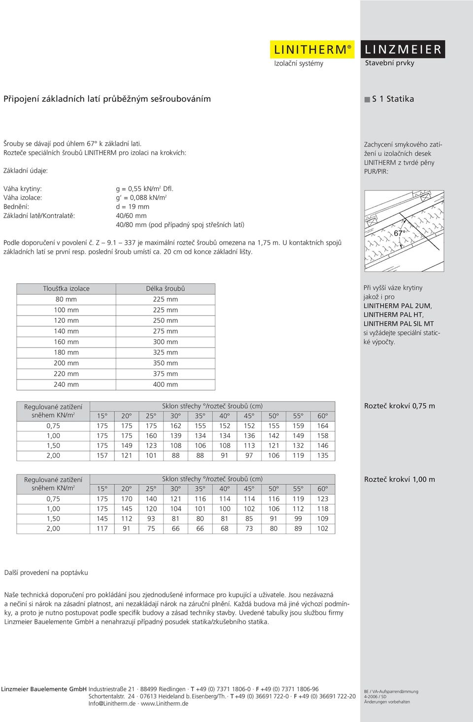 Váha izolace: g = 0,088 kn/m 2 Bednění: d = 19 mm Základní latě/kontralatě: 40/60 mm 40/80 mm (pod případný spoj střešních latí) Podle doporučení v povolení č. Z 9.