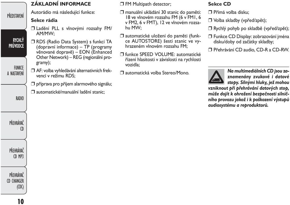 stanic; FM Multipath detector; manuální ukládání 30 stanic do paměti: 18 ve vlnovém rozsahu FM (6 v FM1, 6 v FM2, 6 v FMT), 12 ve vlnovém rozsahu MW; automatické uložení do paměti (funkce AUTOSTORE)