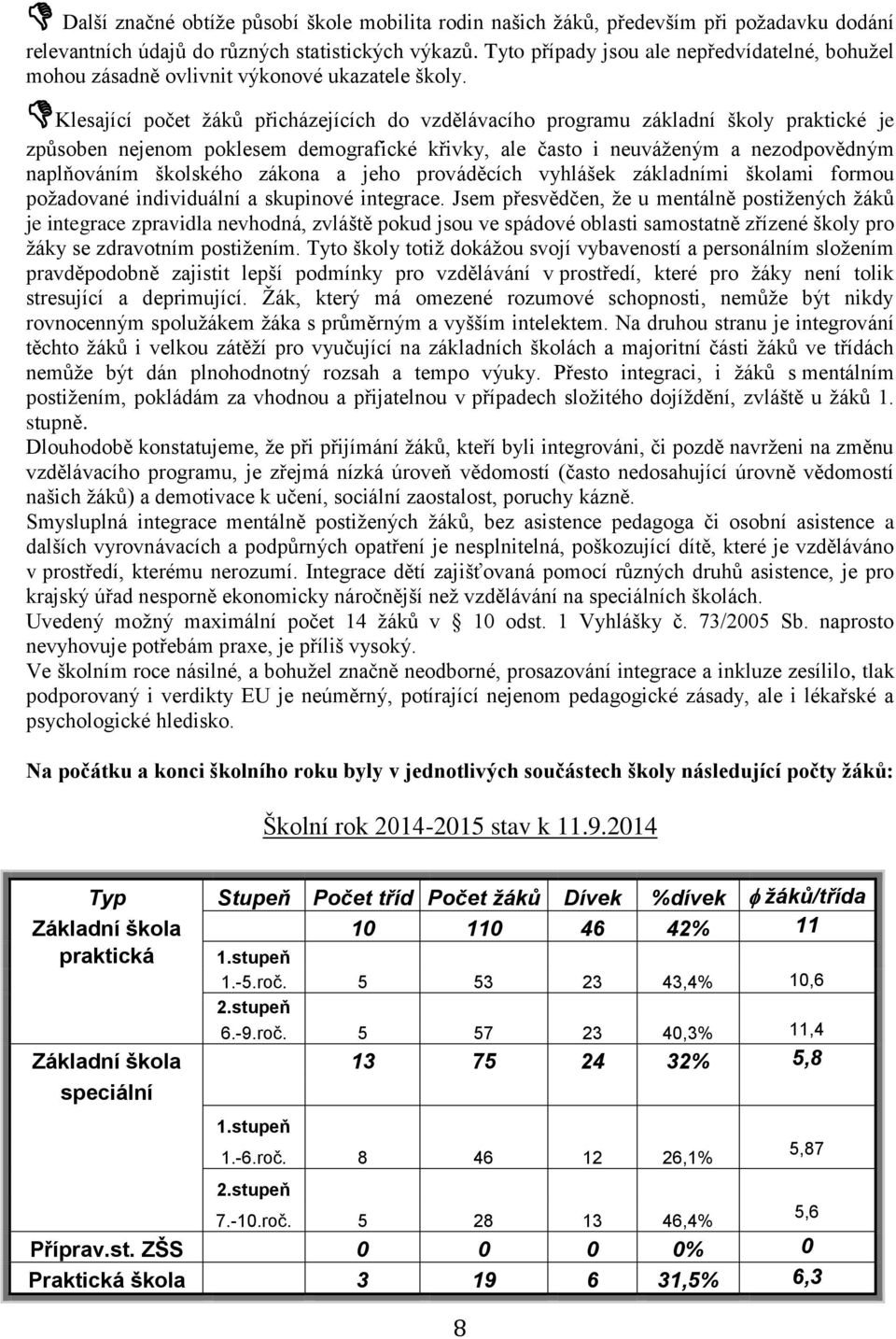 Klesající počet žáků přicházejících do vzdělávacího programu základní školy praktické je způsoben nejenom poklesem demografické křivky, ale často i neuváženým a nezodpovědným naplňováním školského