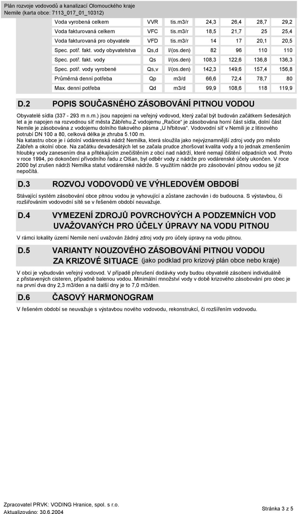 denní potřeba Qd m3/d 99,9 108,6 118 119,9 D.2 POPIS SOUČASNÉHO ZÁSOBOVÁNÍ PITNOU VODOU Obyvatelé sídla (337-293 m n.m.) jsou napojeni na veřejný vodovod, který začal být budován začátkem šedesátých let a je napojen na rozvodnou síť města Zábřehu.