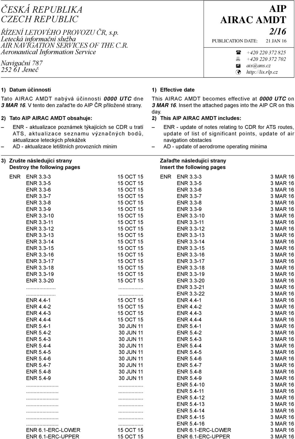 2) Tato AIP AIRAC AMDT obsahuje: ENR - aktualizace poznámek týkajících se CDR u tratí ATS, aktualizace seznamu význačných bodů, aktualizace leteckých překážek AD - aktualizace letištních provozních