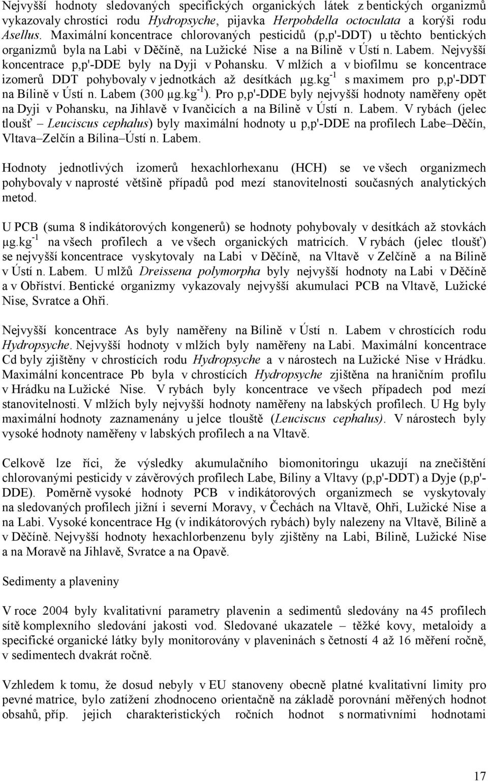 Nejvyšší koncentrace p,p'-dde byly na Dyji v Pohansku. V mlžích a v biofilmu se koncentrace izomerů DDT pohybovaly v jednotkách až desítkách µg.kg -1 s maximem pro p,p'-ddt na Bílině v Ústí n.