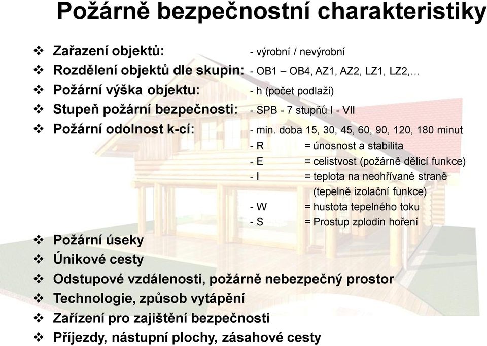 doba 15, 30, 45, 60, 90, 120, 180 minut - R = únosnost a stabilita - E = celistvost (požárně dělicí funkce) - I = teplota na neohřívané straně (tepelně izolační funkce)