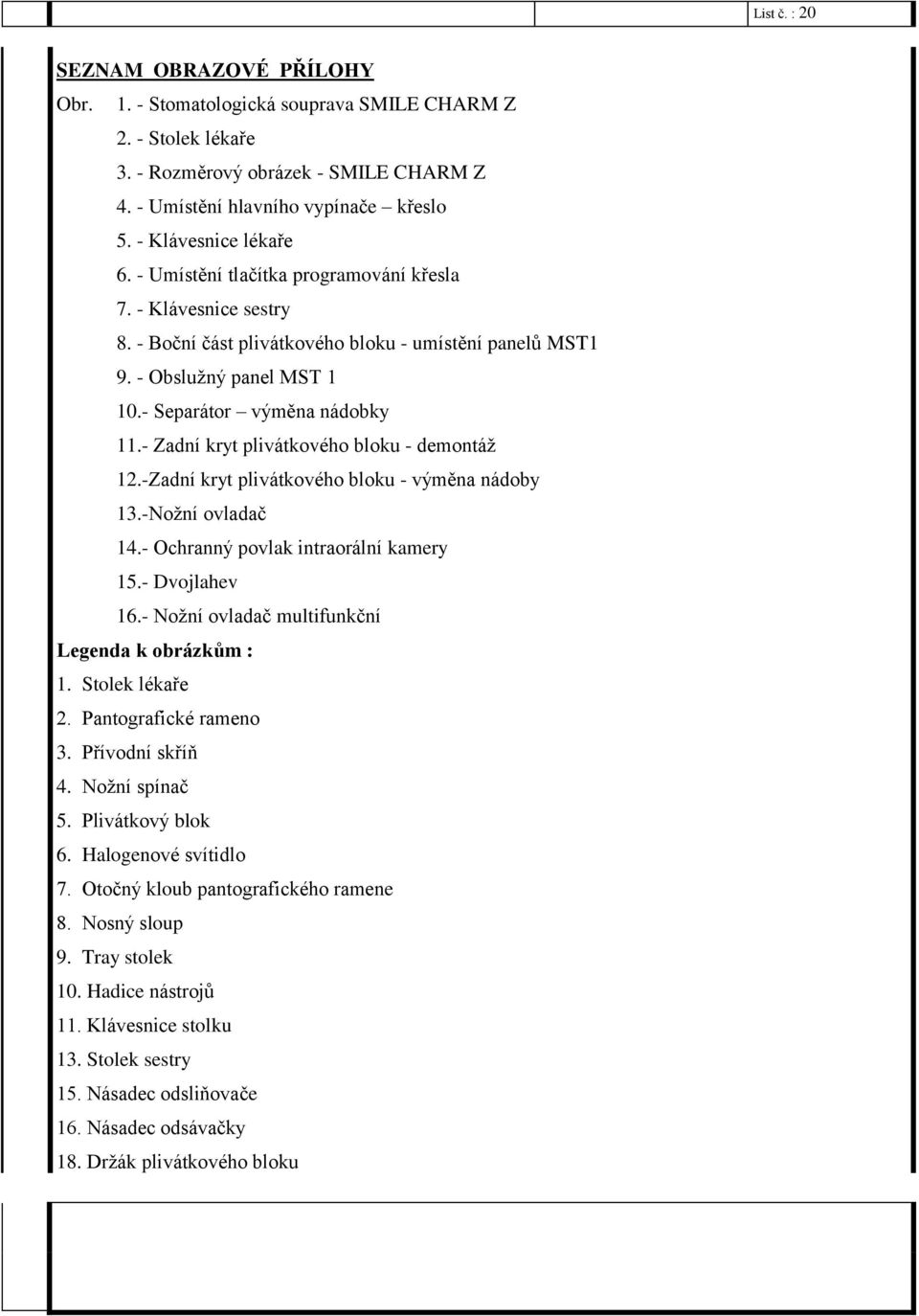 - Separátor výměna nádobky 11.- Zadní kryt plivátkového bloku - demontáž 12.-Zadní kryt plivátkového bloku - výměna nádoby 13.-Nožní ovladač 14.- Ochranný povlak intraorální kamery 15.- Dvojlahev 16.