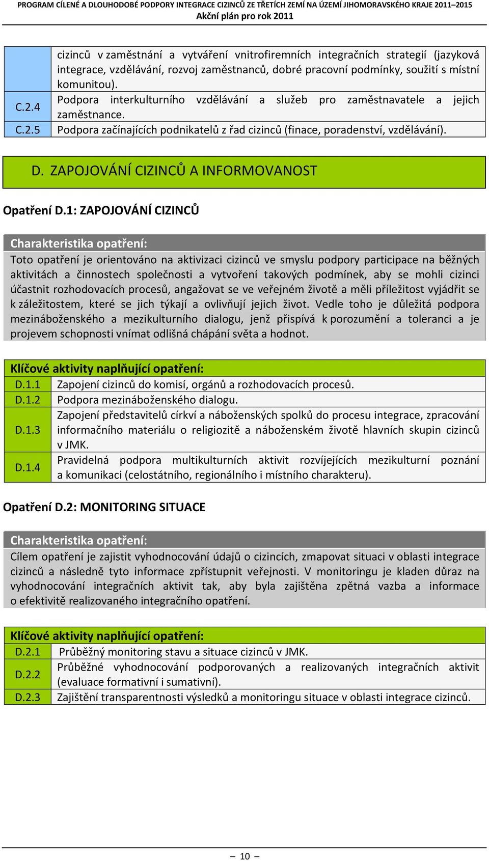 ZAPOJOVÁNÍ CIZINCŮ A INFORMOVANOST Opatření D.