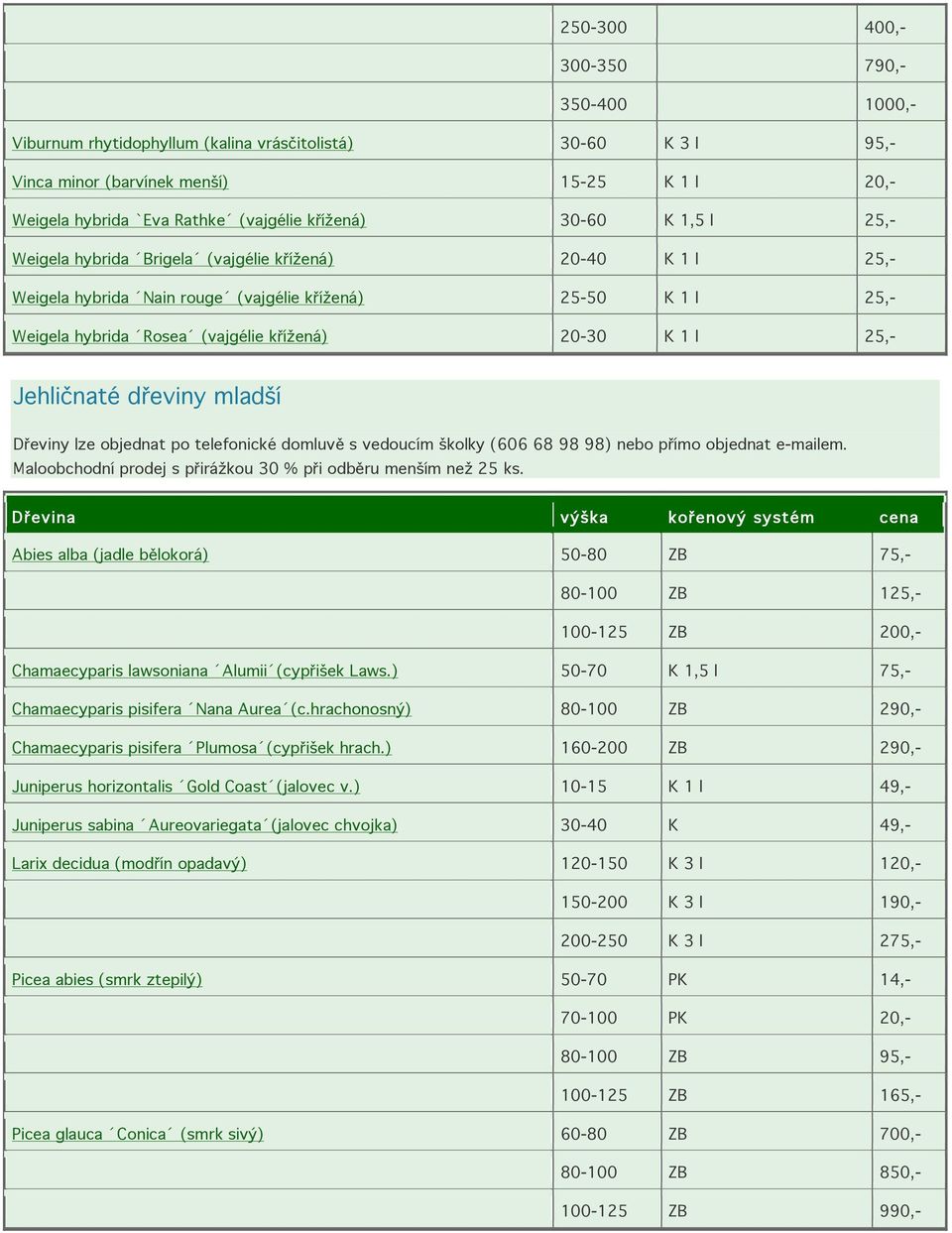 Jehličnaté dřeviny mladší Dřeviny lze objednat po telefonické domluvě s vedoucím školky (606 68 98 98) nebo přímo objednat e-mailem. Maloobchodní prodej s přirážkou 30 % při odběru menším než 25 ks.