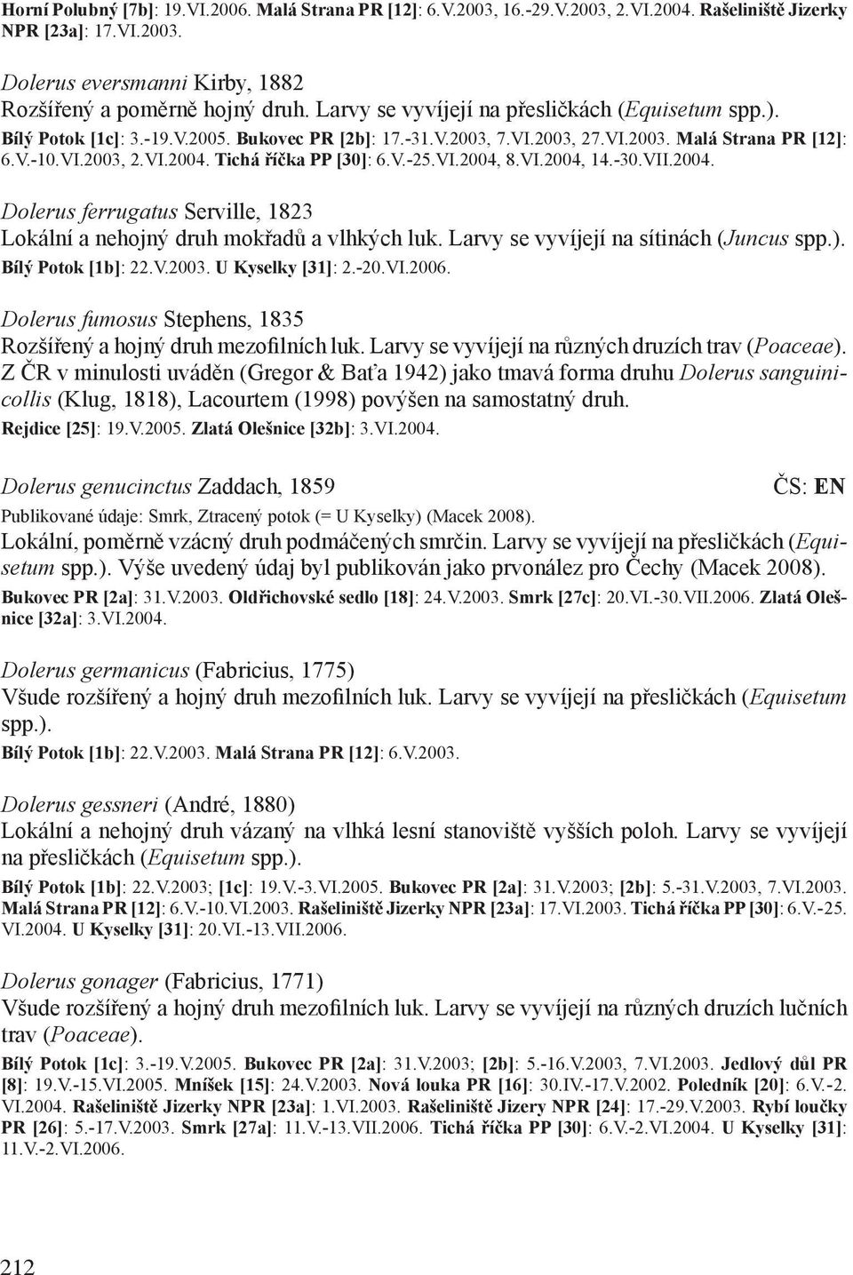 Tichá říčka PP [30]: 6.V.-25.VI.2004, 8.VI.2004, 14.-30.VII.2004. Dolerus ferrugatus Serville, 1823 Lokální a nehojný druh mokřadů a vlhkých luk. Larvy se vyvíjejí na sítinách (Juncus spp.).