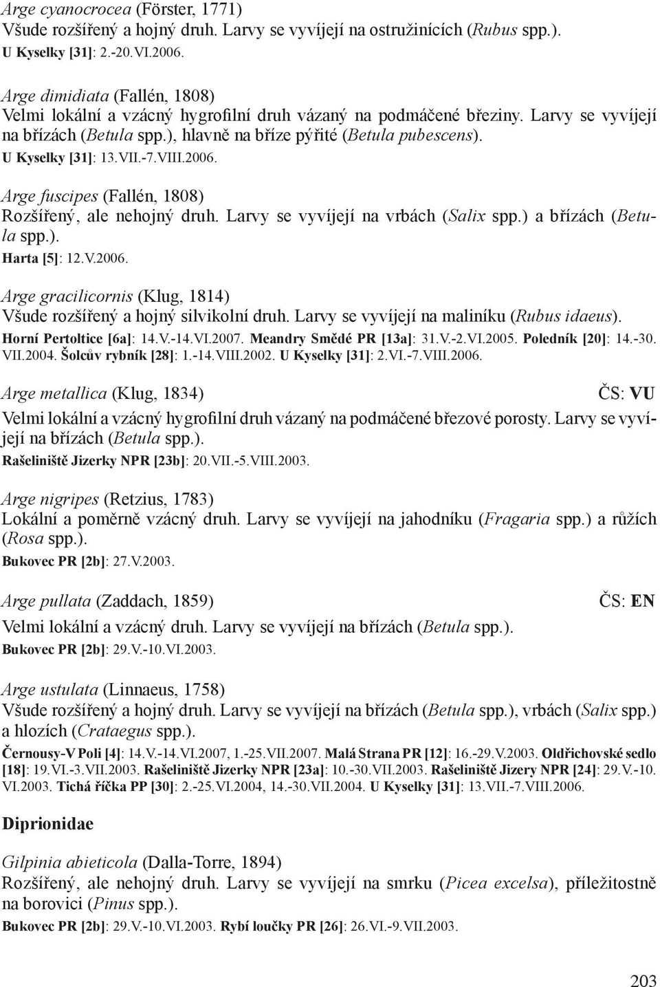 U Kyselky [31]: 13.VII.-7.VIII.2006. Arge fuscipes (Fallén, 1808) Rozšířený, ale nehojný druh. Larvy se vyvíjejí na vrbách (Salix spp.) a břízách (Betula spp.). Harta [5]: 12.V.2006. Arge gracilicornis (Klug, 1814) Všude rozšířený a hojný silvikolní druh.