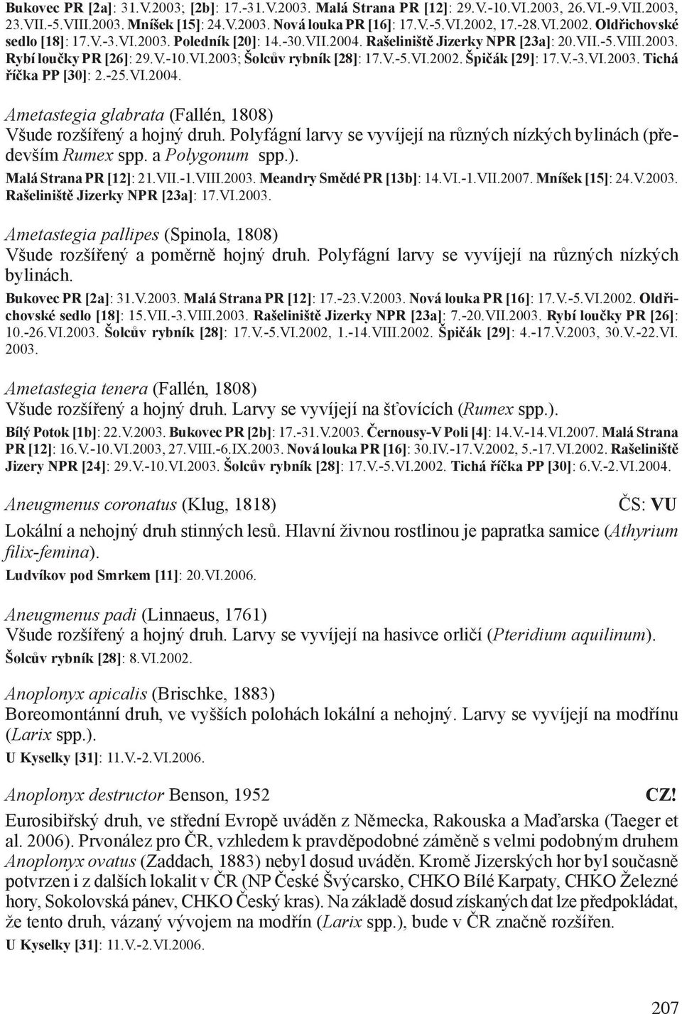 V.-5.VI.2002. Špičák [29]: 17.V.-3.VI.2003. Tichá říčka PP [30]: 2.-25.VI.2004. Ametastegia glabrata (Fallén, 1808) Všude rozšířený a hojný druh.