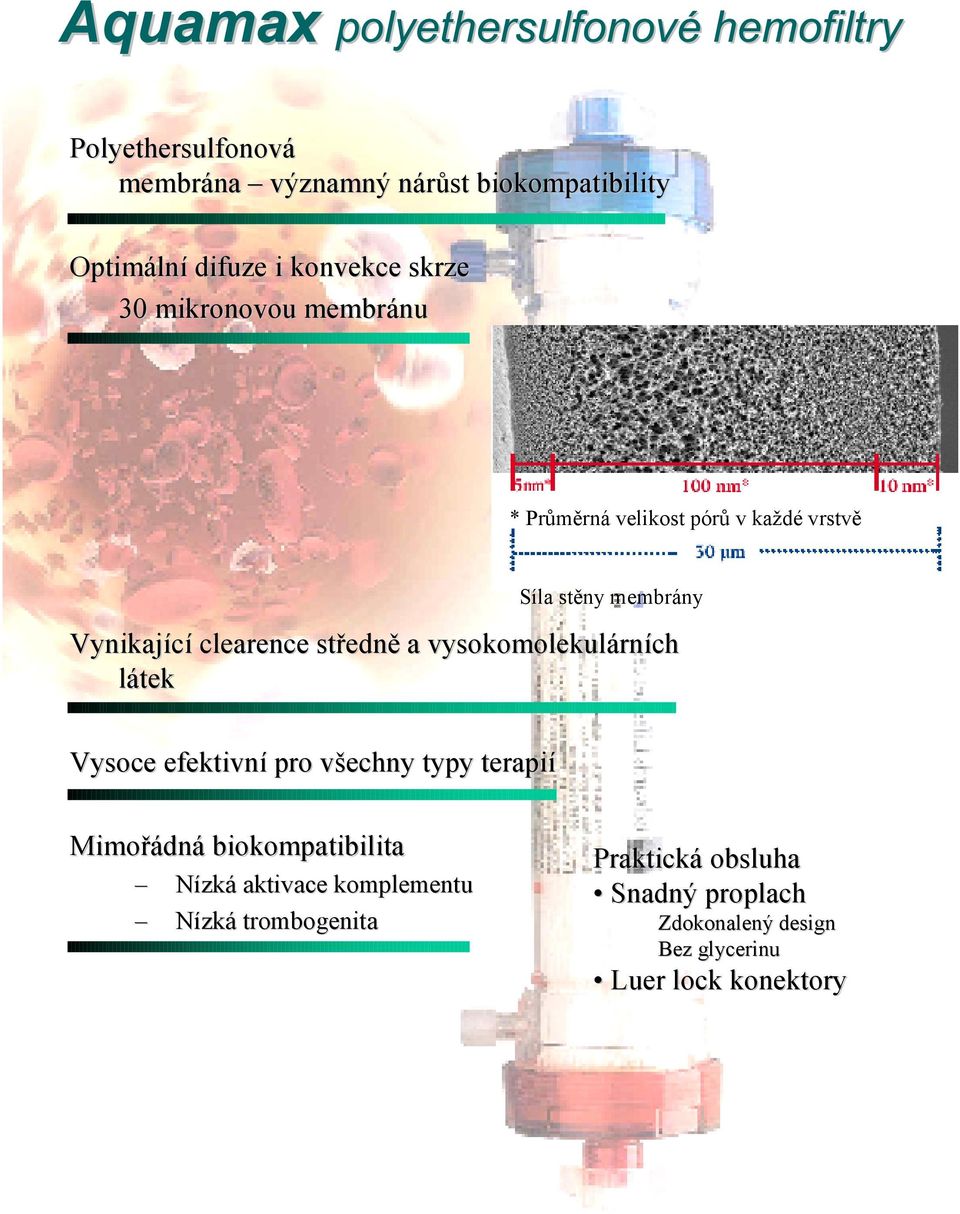 clearence středně a vysokomolekulárních látek Vysoce efektivní pro všechny typy terapií Mimořádná biokompatibilita