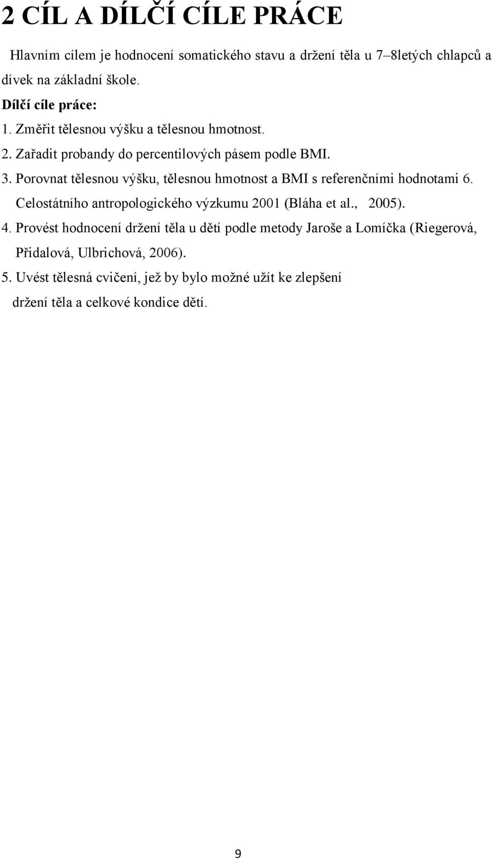 Porovnat tělesnou výšku, tělesnou hmotnost a BMI s referenčními hodnotami 6. Celostátního antropologického výzkumu 2001 (Bláha et al., 2005). 4.