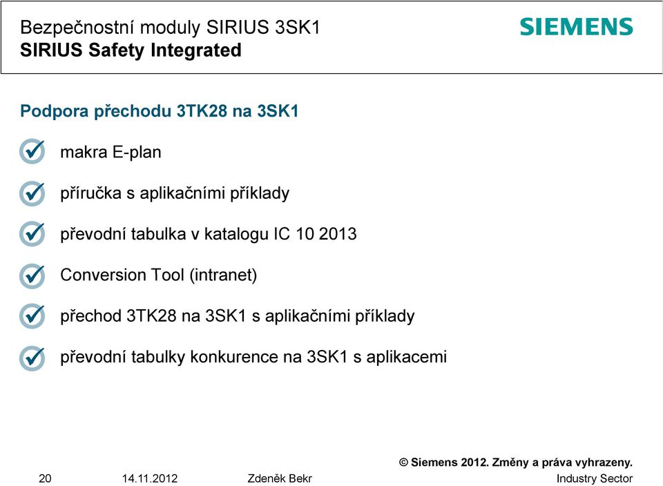 Conversion Tool (intranet) přechod 3TK28 na 3SK1 s aplikačními příklady