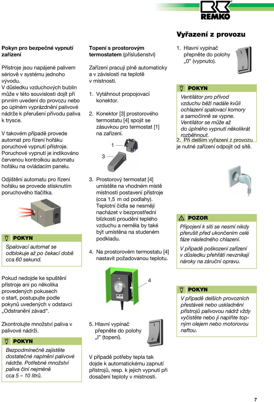 V takovém případě provede automat pro řízení hořáku poruchové vypnutí přístroje. Poruchové vypnutí je indikováno červenou kontrolkou automatu hořáku na ovládacím panelu.