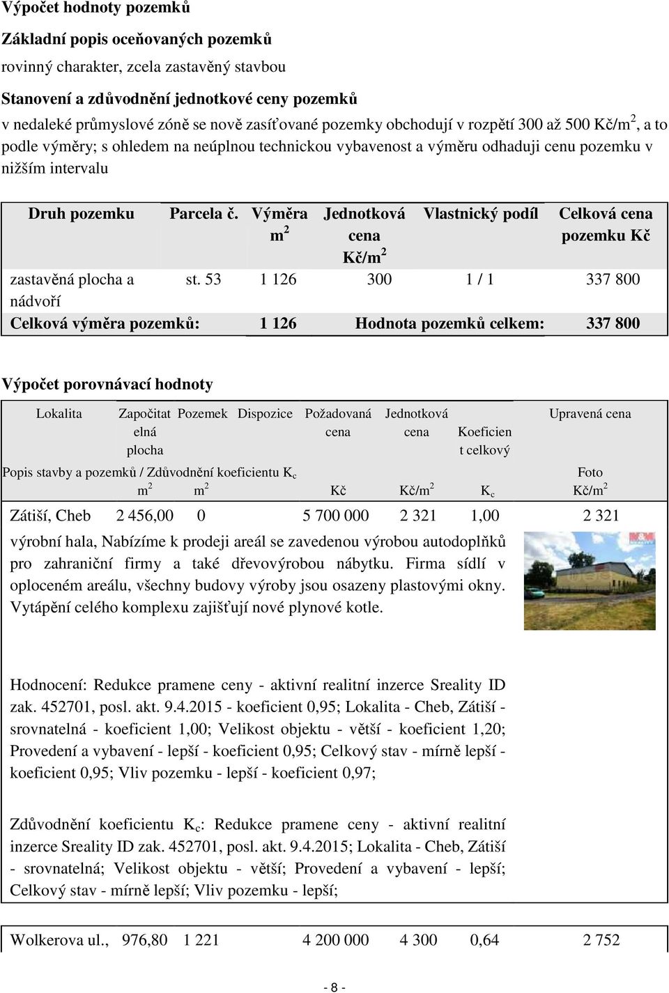 Výměra m 2 Jednotková cena Kč/m 2 Vlastnický podíl Celková cena pozemku Kč zastavěná plocha a st.