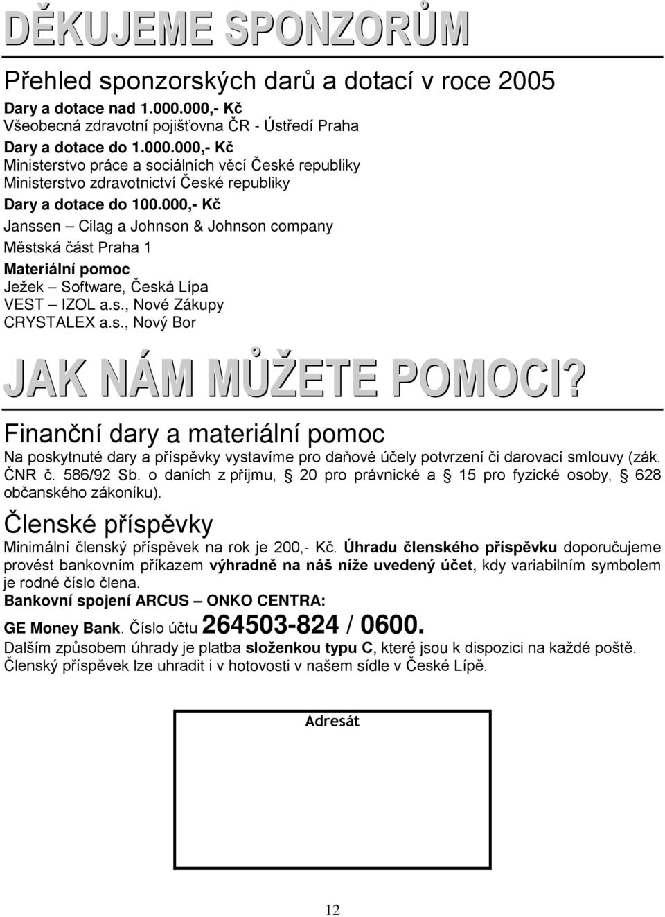 000,- Kč Janssen Cilag a Johnson & Johnson company Městská část Praha 1 Materiální pomoc Ježek Software, Česká Lípa VEST IZOL a.s., Nové Zákupy CRYSTALEX a.s., Nový Bor JAK NÁM MŮŽETE POMOCI?