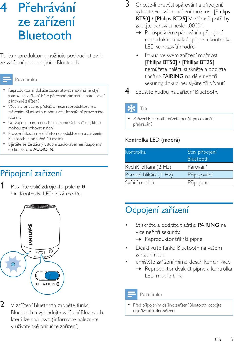 Udržujte je mimo dosah elektronických zařízení, která mohou způsobovat rušení. Provozní dosah mezi tímto reproduktorem a zařízením Bluetooth je přibližně 10 metrů.