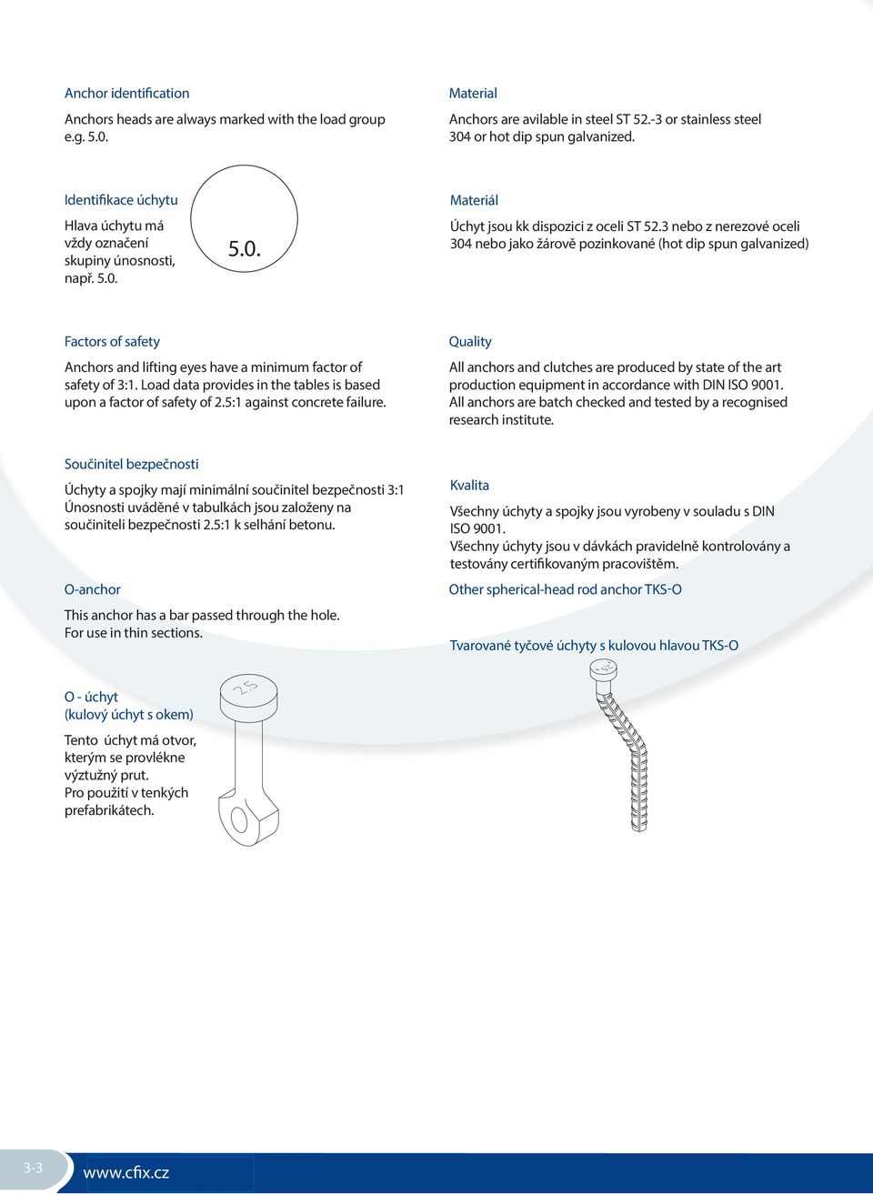3 nebo z nerezové oceli 304 nebo jako žárově pozinkované (hot dip spun galvanized) Factors of safety Anchors and lifting eyes have a minimum factor of safety of 3:1.