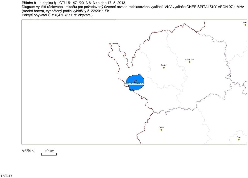 vysílání VKV vysílače CHEB ŠPITÁLSKY VRCH 97,1 MHz (modrá barva), vypočtený