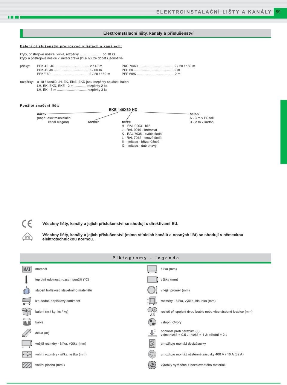 ... 2/20/160 m PEP 60/K... 2 m rozpěrky: u lišt / kanálů LH, EK, EKE, EKD jsou rozpěrky součástí balení LH, EK, EKD, EKE - 2 m... rozpěrky 2 ks LH, EK - 3 m.