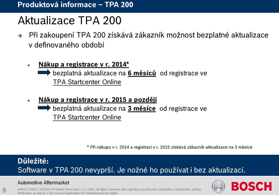 2015 a později bezplatná aktualizace na 3 měsíce od registrace ve TPA Startcenter Online * Při nákupu v r. 2014 a registraci v r.