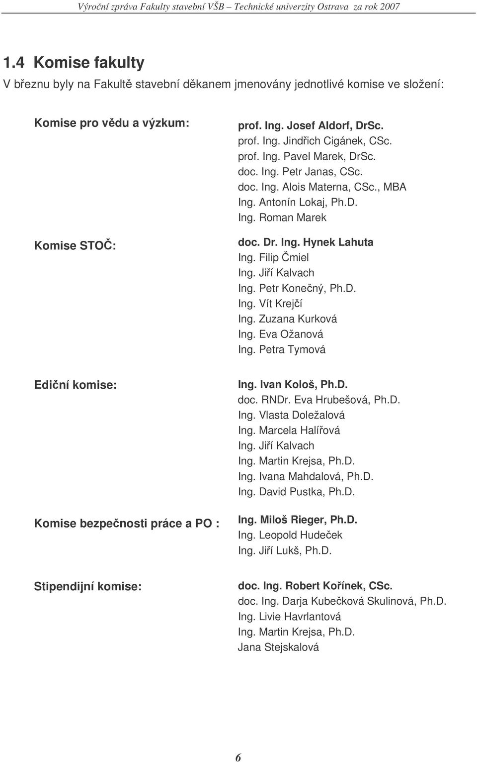 Petr Konený, Ph.D. Ing. Vít Krejí Ing. Zuzana Kurková Ing. Eva Ožanová Ing. Petra Tymová Ediní komise: Komise bezpenosti práce a PO : Ing. Ivan Kološ, Ph.D. doc. RNDr. Eva Hrubešová, Ph.D. Ing. Vlasta Doležalová Ing.