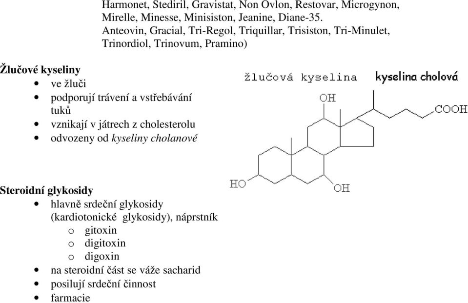 Anteovin, Gracial, Tri-Regol, Triquillar, Trisiston, Tri-Minulet, Trinordiol, Trinovum, Pramino) Steroidní glykosidy hlavně