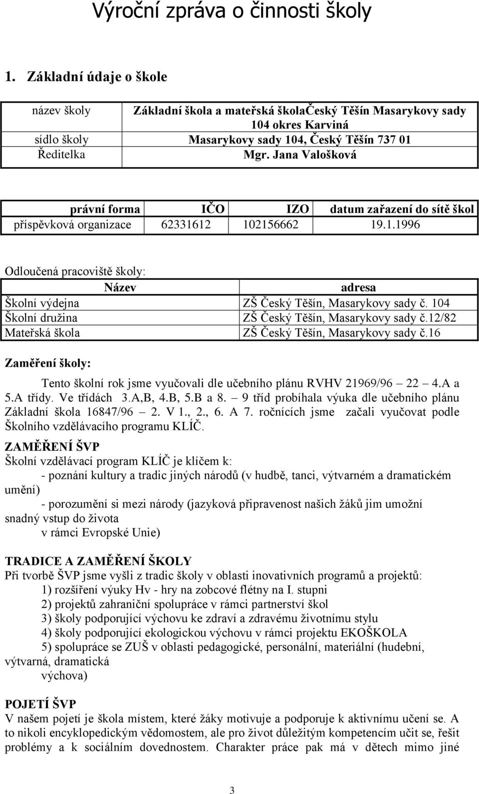 Jana Valošková právní forma IČO IZO datum zařazení do sítě škol příspěvková organizace 62331612 102156662 19.1.1996 Odloučená pracoviště školy: Název adresa Školní výdejna ZŠ Český Těšín, Masarykovy sady č.