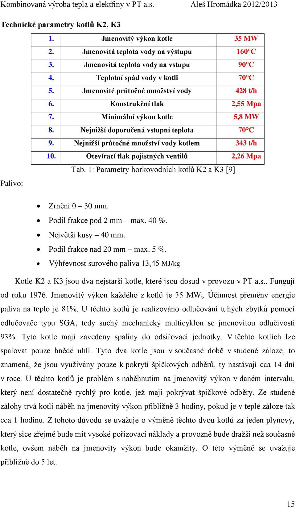 Otevírací tlak pojistných ventilů 2,26 Mpa Tab. 1: Parametry horkovodních kotlů K2 a K3 [9] Palivo: Zrnění 0 30 mm. Podíl frakce pod 2 mm max. 40 %. Největší kusy 40 mm. Podíl frakce nad 20 mm max.