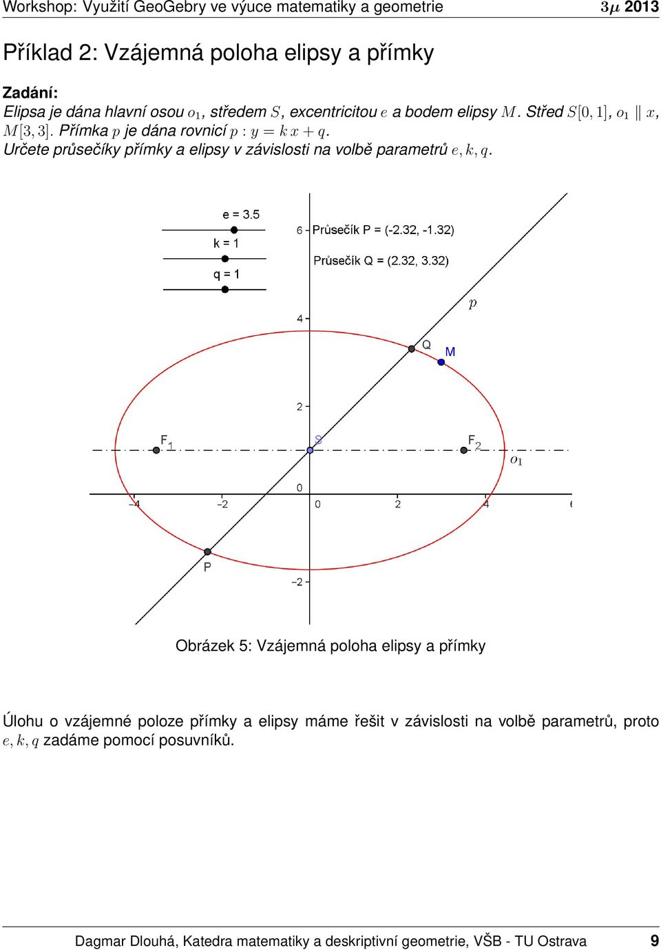 Určete průsečíky přímky a elipsy v závislosti na volbě parametrů e, k, q.