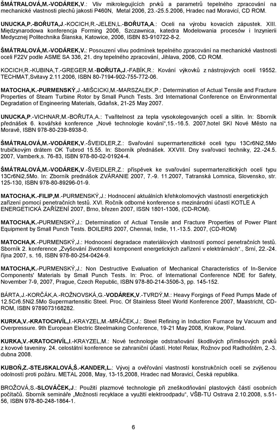 Międzynarodowa konferencja Forming 2006, Szczawnica, katedra Modelowania procesów i Inzynierii Medycznej Politechnika Šlanska, Katowice, 2006, ISBN 83-910722-8-2. ŠMÁTRALOVÁ,M.-VODÁREK,V.