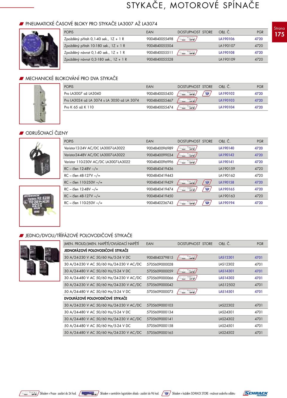 , 1Z + 1 R 9004840055528 LA190109 175 W MECHANICKÉ BLOKOVÁNÍ PRO DVA STYKAČE Pro LA3007 až LA3040 9004840055450 LA190102 Pro LA3024 až LA 3074 s LA 3050 až LA 3074 9004840055467 LA190103 Pro K 65 až