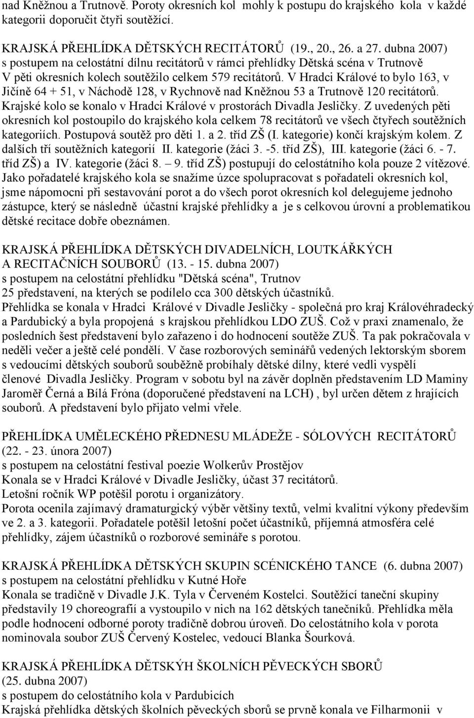 V Hradci Králové to bylo 163, v Jičíně 64 + 51, v Náchodě 128, v Rychnově nad Kněţnou 53 a Trutnově 120 recitátorŧ. Krajské kolo se konalo v Hradci Králové v prostorách Divadla Jesličky.