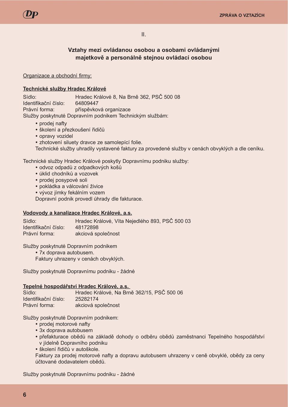 08 Identifika ní íslo: 64809447 Právní forma: p ísp vková organizace Služby poskytnuté Dopravním podnikem Technickým službám: prodej nafty školení a p ezkoušení idi opravy vozidel zhotovení siluety