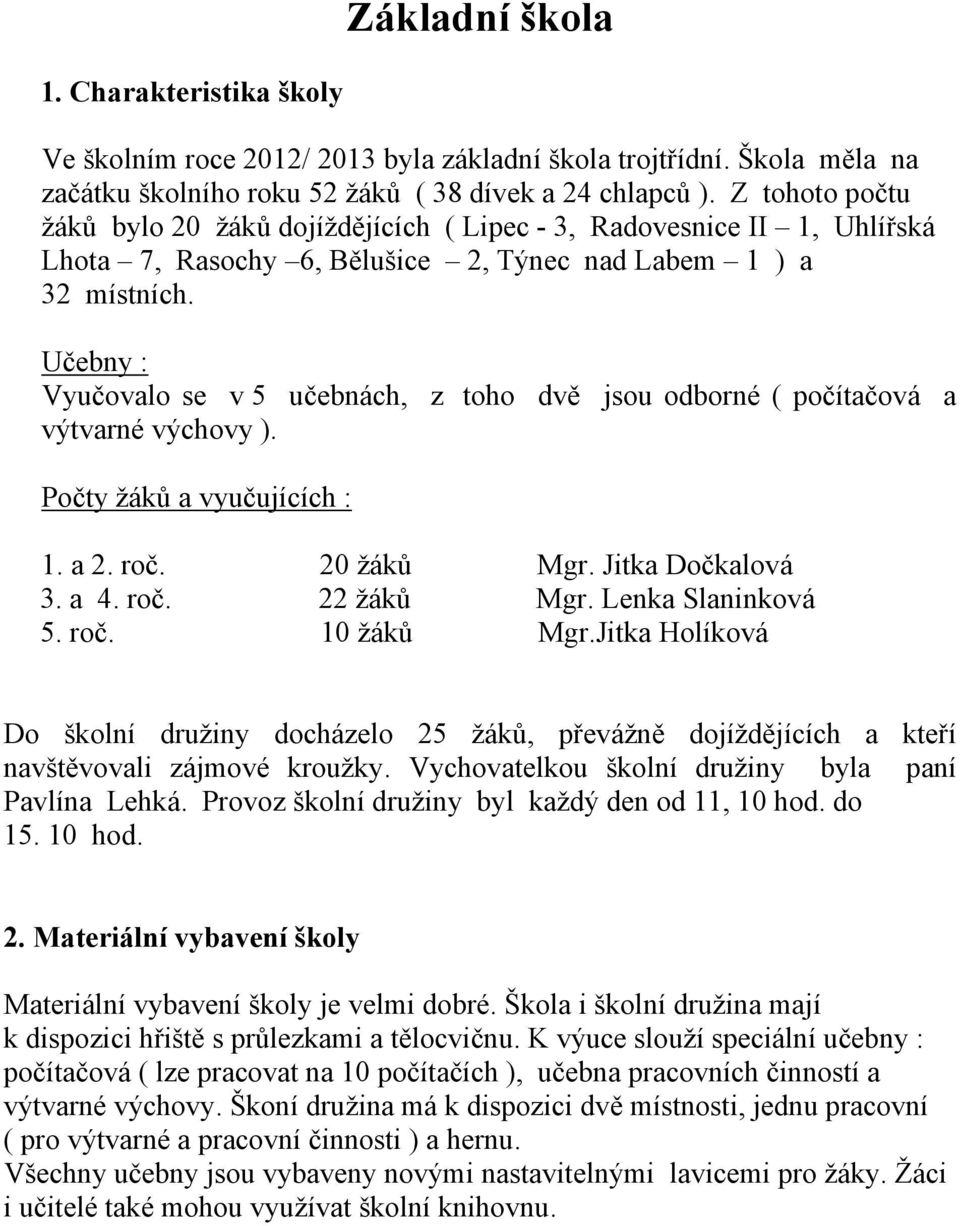 Učebny : Vyučovalo se v 5 učebnách, z toho dvě jsou odborné ( počítačová a výtvarné výchovy ). Počty žáků a vyučujících : 1. a 2. roč. 20 žáků Mgr. Jitka Dočkalová 3. a 4. roč. 22 žáků Mgr.