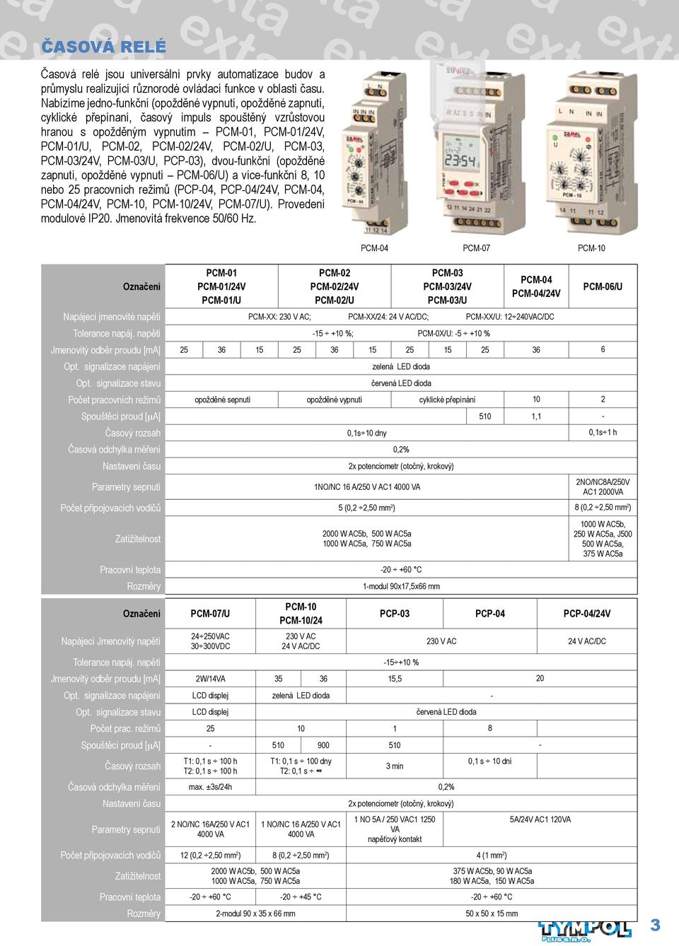 PCM-02/U, PCM-03, PCM-03/24V, PCM-03/U, PCP-03), dvou-funkční (opožděné zapnutí, opožděné vypnutí PCM-06/U) a více-funkční 8, 10 nebo 25 pracovních režimů (PCP-04, PCP-04/24V, PCM-04, PCM-04/24V,