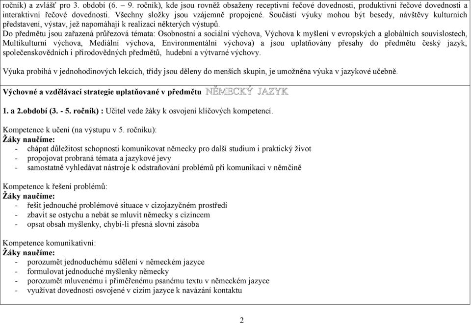 Do předmětu jsou zařazená průřezová témata: Osobnostní a sociální výchova, Výchova k myšlení v evropských a globálních souvislostech, Multikulturní výchova, Mediální výchova, Environmentální výchova)