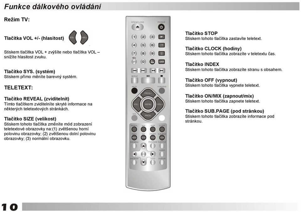 Tlačítko SIZE (velikost) Stiskem tohoto tlačítka změníte mód zobrazení teletextové obrazovky na:(1) zvětšenou horní polovinu obrazovky; (2) zvětšenou dolní polovinu obrazovky; (3) normální obrazovku.