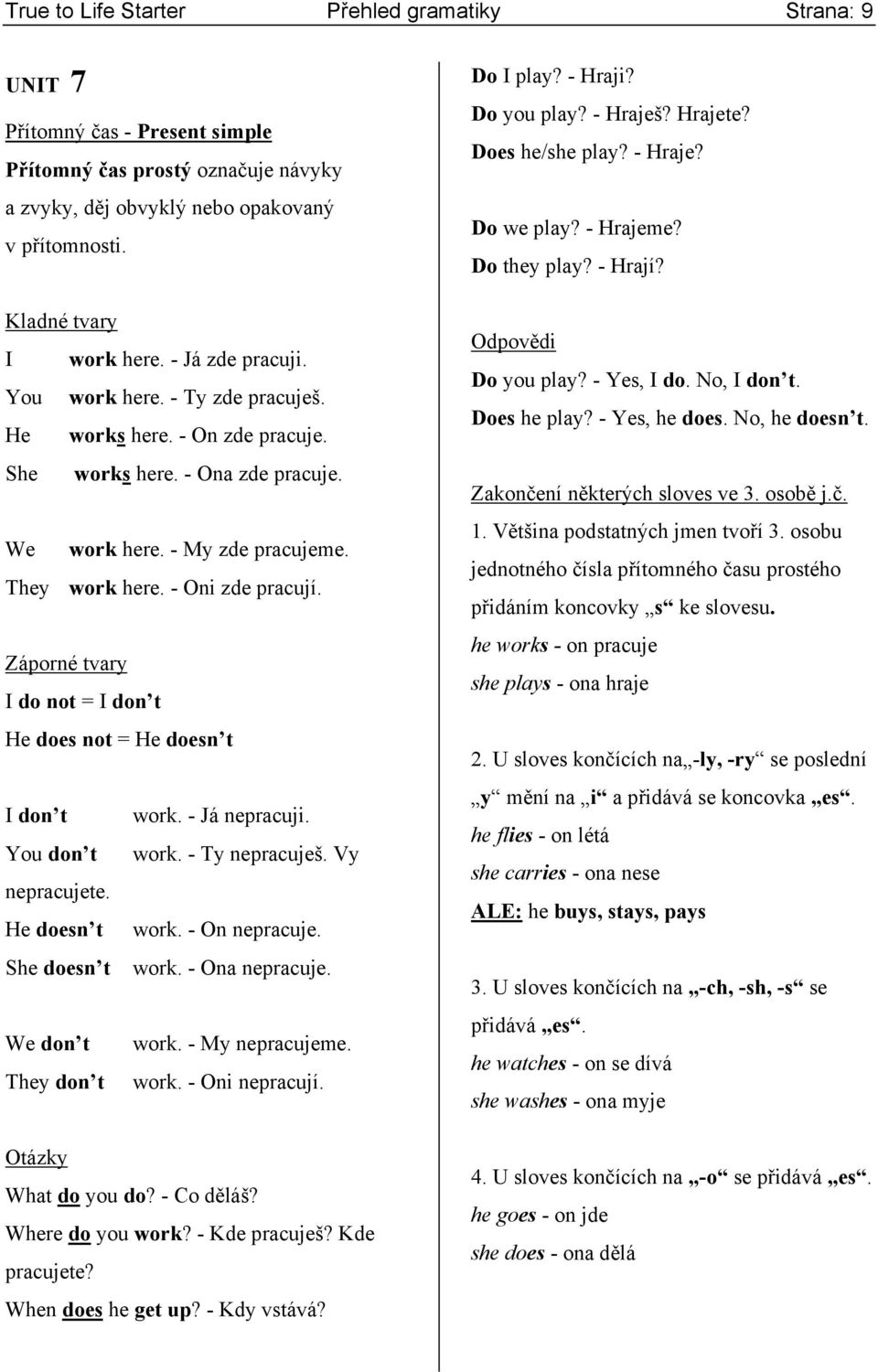 Záporné tvary I do not = I don t He does not = He doesn t I don t work. - Já nepracuji. You don t work. - Ty nepracuješ. Vy nepracujete. He doesn t work. - On nepracuje. She doesn t work.