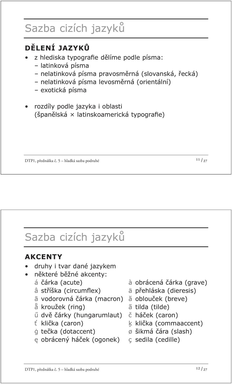 5 hladká sazba podruhé ¹¹ /27 Sazba cizích jazyků AKCENTY druhy i tvar dané jazykem některé běžné akcenty: á čárka (acute) à obrácená čárka (grave) â stříška (circumflex) ä přehláska (dieresis)