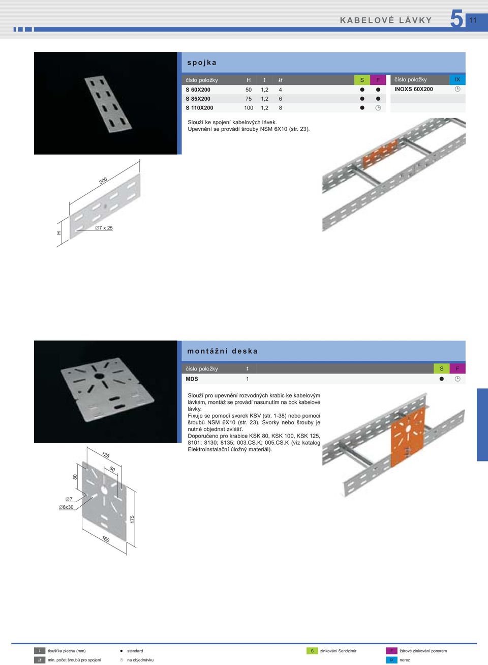 200 H 7 x2 montážní deska číslo položky S F MDS 1 12 Slouží pro upevnění rozvodných krabic ke kabelovým lávkám, montáž se provádí nasunutím na bok kabelové lávky.