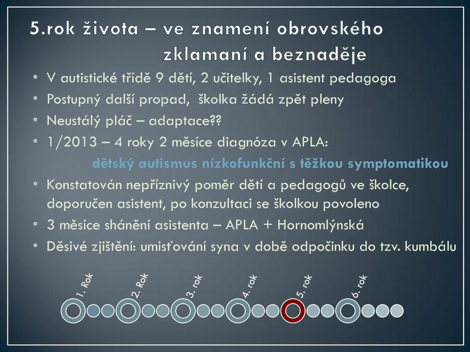 ? 1/2013 4 roky 2 měsíce diagnóza v APLA: dětský autismus nízkofunkční s těžkou symptomatikou Konstatován