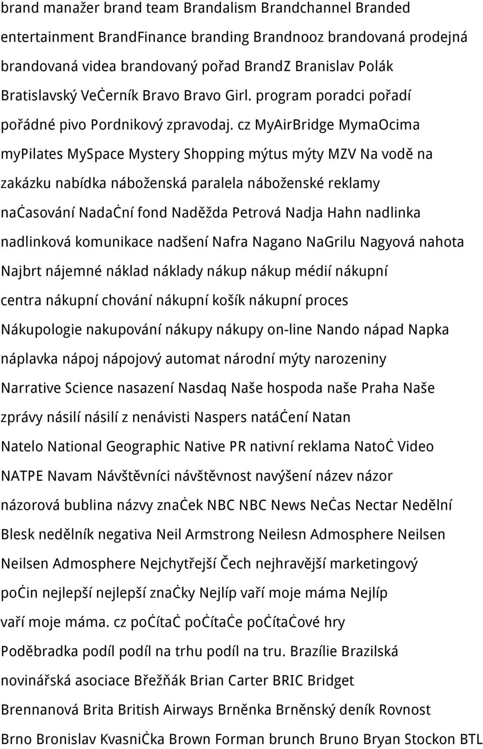 cz MyAirBridge MymaOcima mypilates MySpace Mystery Shopping mýtus mýty MZV Na vodě na zakázku nabídka náboženská paralela náboženské reklamy načasování Nadační fond Naděžda Petrová Nadja Hahn