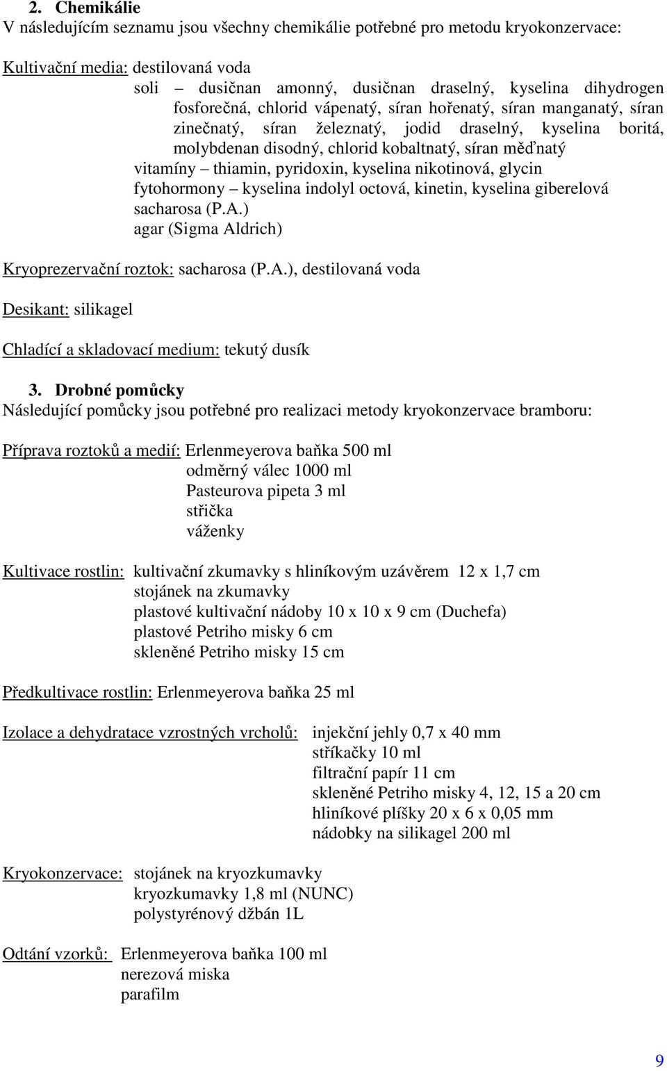 thiamin, pyridoxin, kyselina nikotinová, glycin fytohormony kyselina indolyl octová, kinetin, kyselina giberelová sacharosa (P.A.