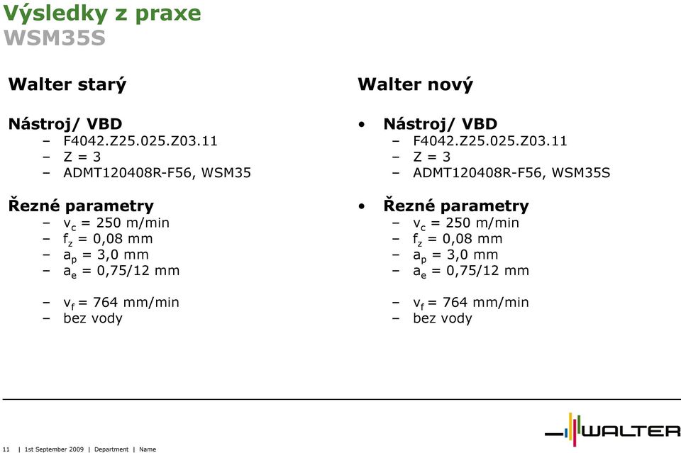 = 0,75/12 mm v f = 764 mm/min bez vody Walter nový Nástroj/ VBD F4042.Z25.025.Z03.